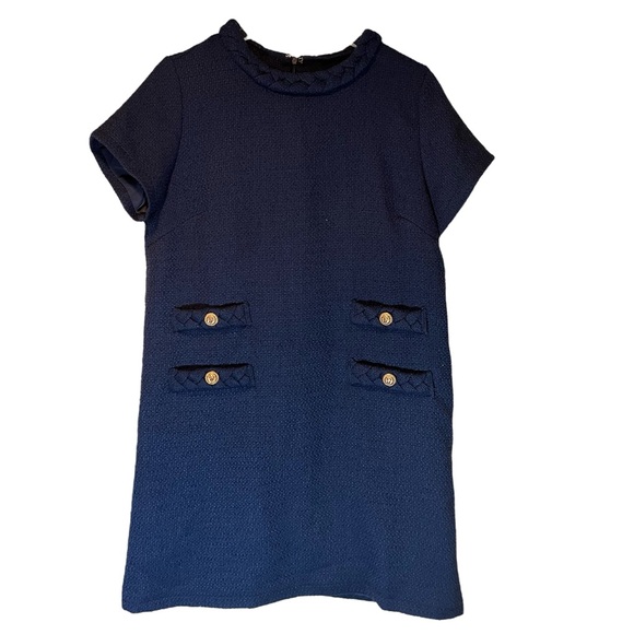 Navy Blue Tweed Jackie Dress Short Sleeve Gold Button Knee Length Braided Trim M - Picture 3 of 10
